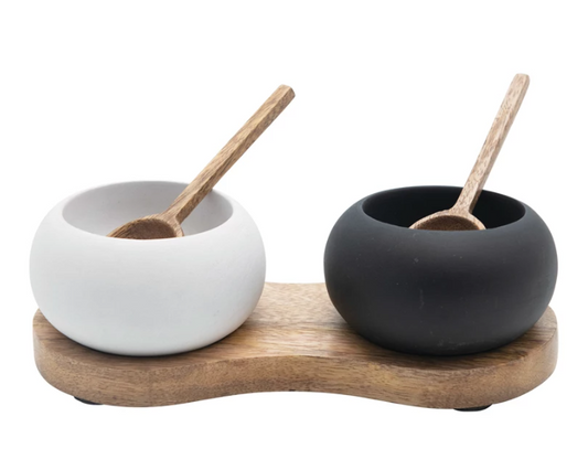 Black And White Mango Wood Pinch Pots With Spoons And Tray - Set Of Five