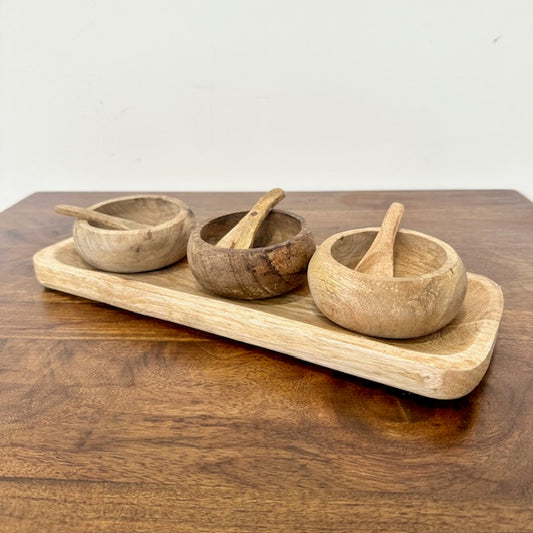 Rustic Mango Wood Tray with 3 Bowls & 3 spoons, Set of 7