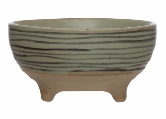 Organic Striped Stoneware Footed Bowl With Indentations