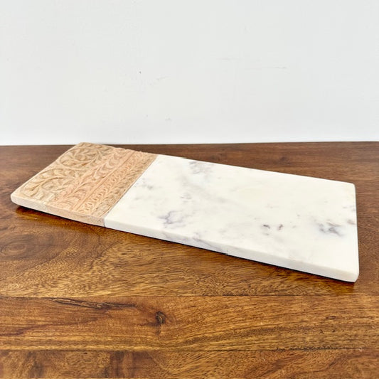 Elegant Marble and Carved Wood Serving Board