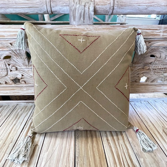 Alrick Taupe X Embroidered Pillow With Tassels 18" X 18"