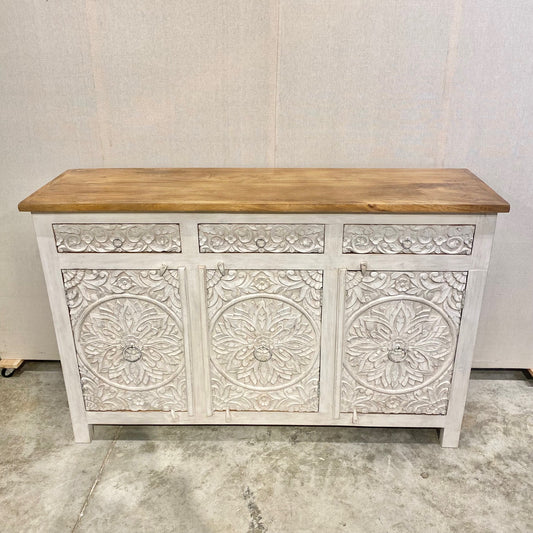 Mazhar Three Door Carved Mango Wood Sideboard