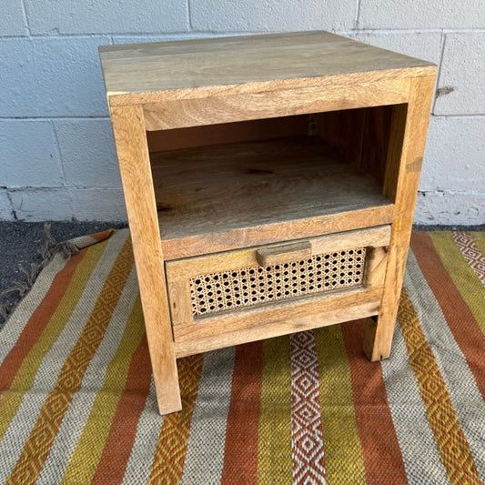 Deven Single Drawer Cane And Mango Wood Nightstand with Shelf