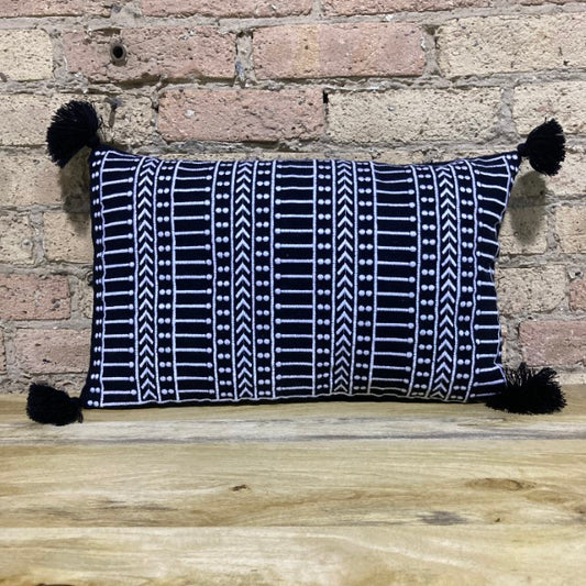 Aksha Black And White Embroidered Lumbar Pillow - 12" X 20"