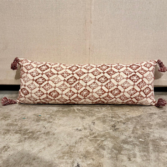 Madhoo Lumbar Indian Block Printed Embroidered Pillow With Tassels - 12" X 34"