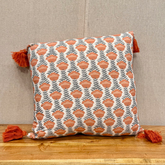Amoolya Lily Block Print Pillow With Tassels - 18" X 18"